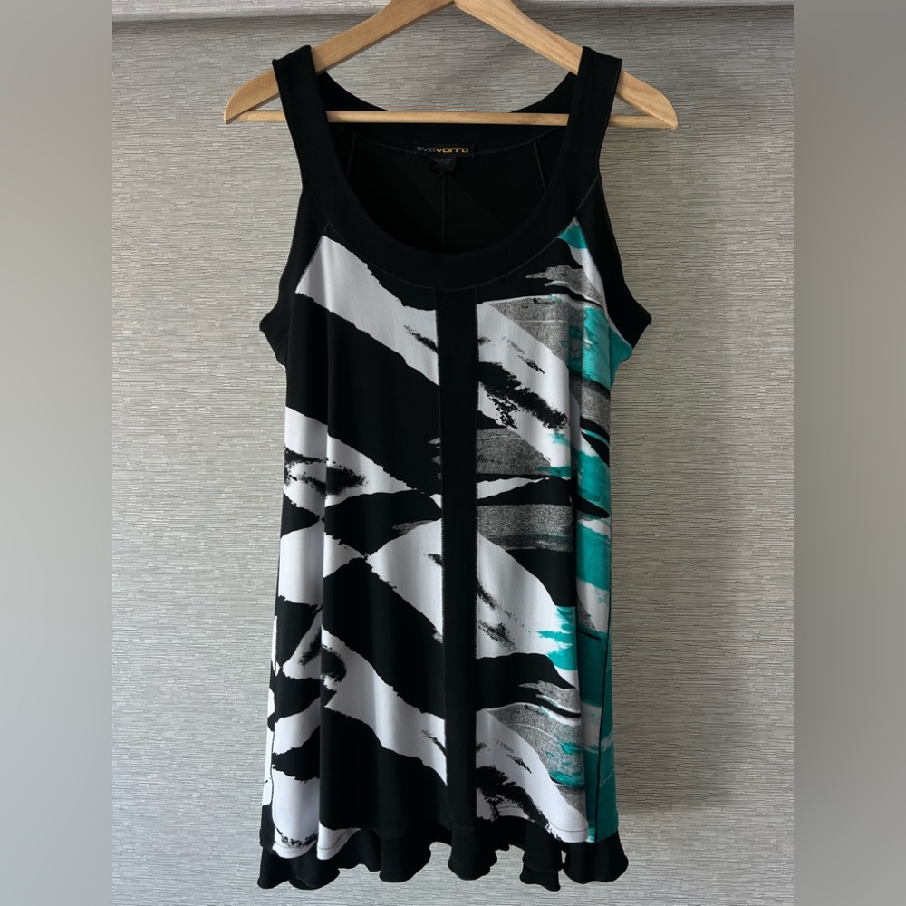 EVO VORRO Black Printed Tunic Dress with White, Teal, Gray Accents 💃